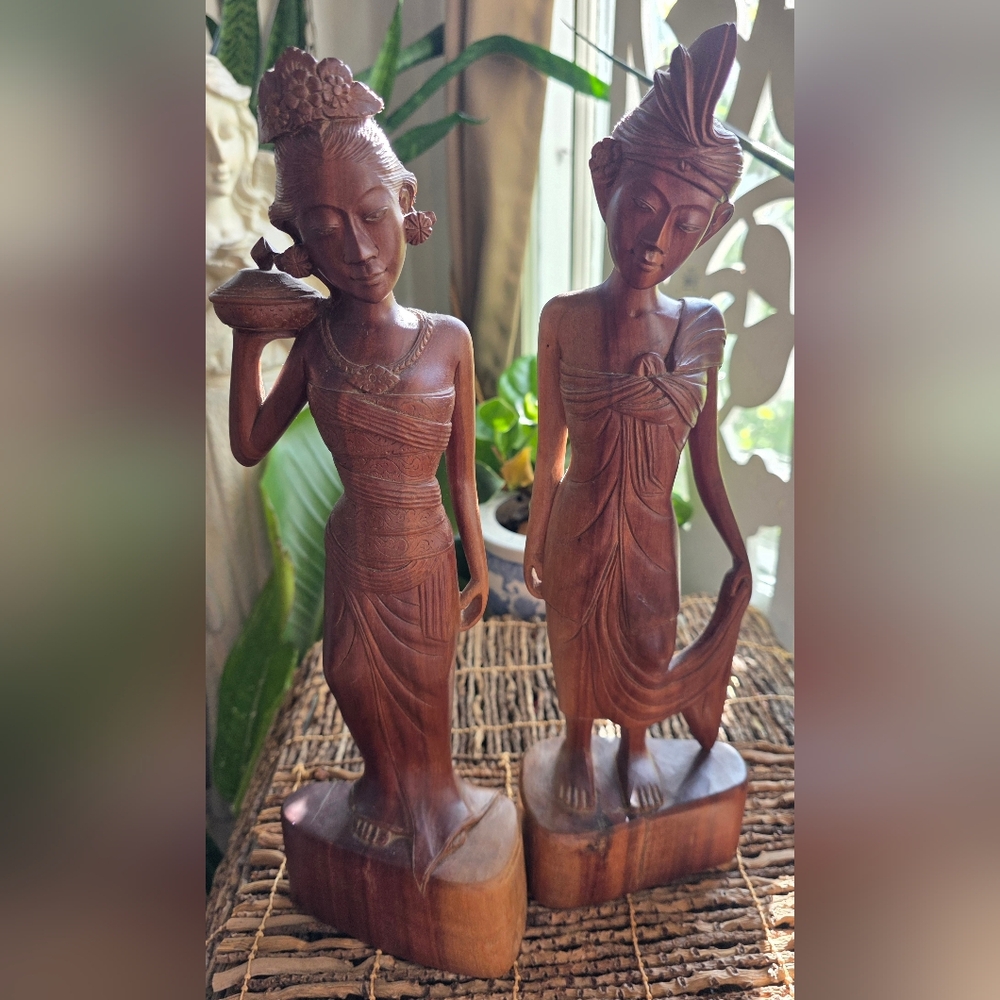 Wooden Carved Figurines Female Male 12"